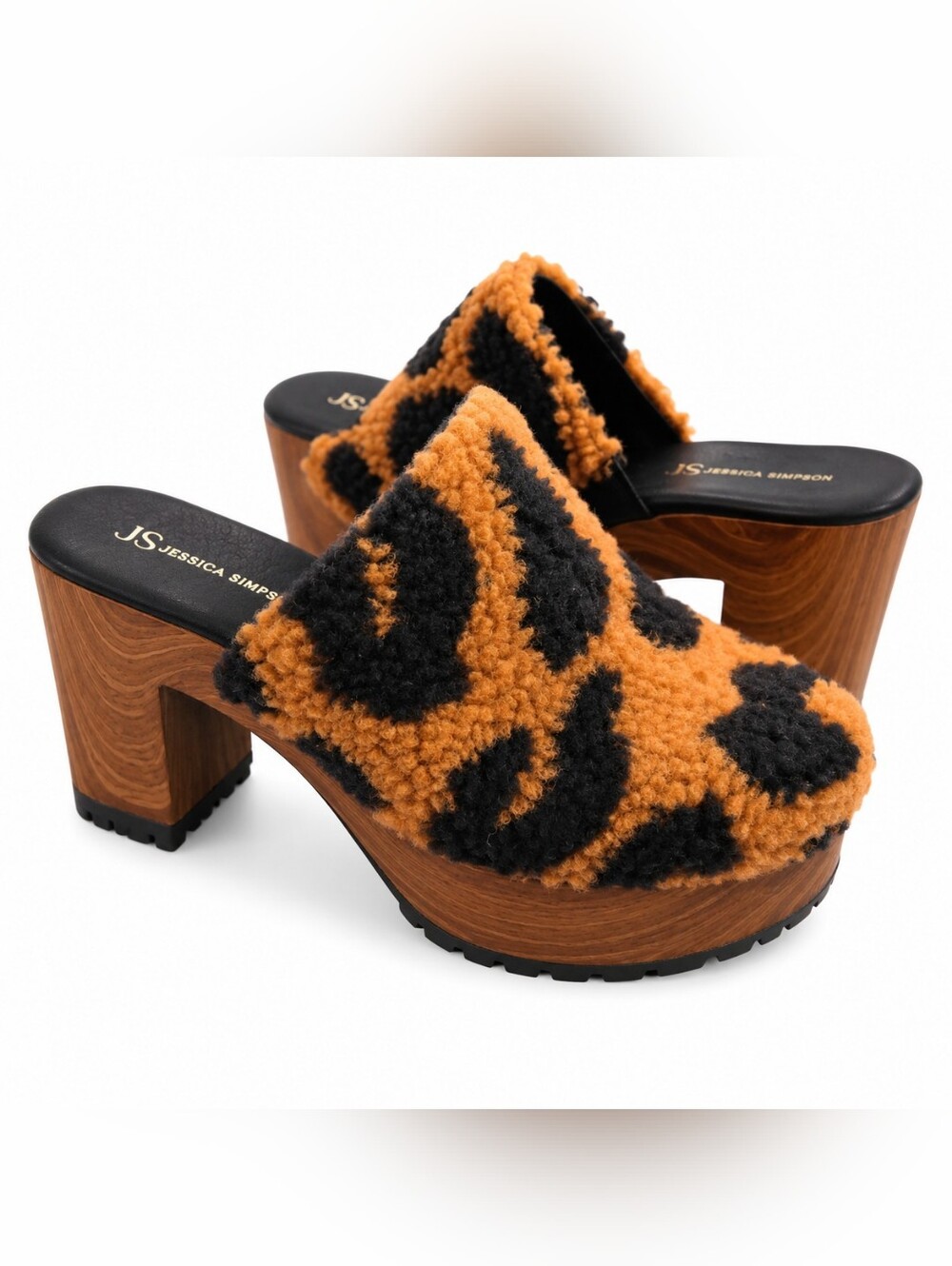Jessica Simpson Amber and Black Sherpa Platform Mules
